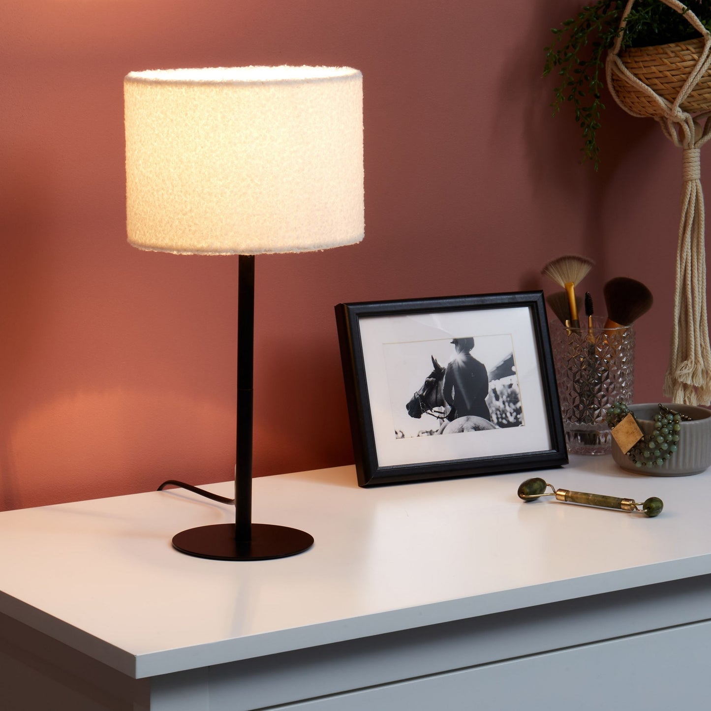 Boucle Drum Shade Bedside Table Lamp 40cm Metal Base