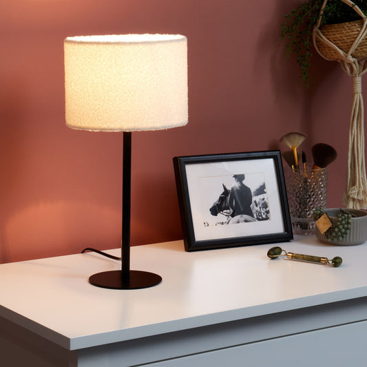 Boucle Drum Shade Bedside Table Lamp 40cm Metal Base