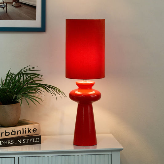 Bedside Table Lamp Red Ceramic Base With Faux Suede Shade 62cm Modern