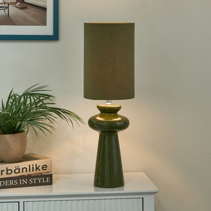 Bedside Lamp Faux Suede Shade Olive Green Ceramic Base 62cm