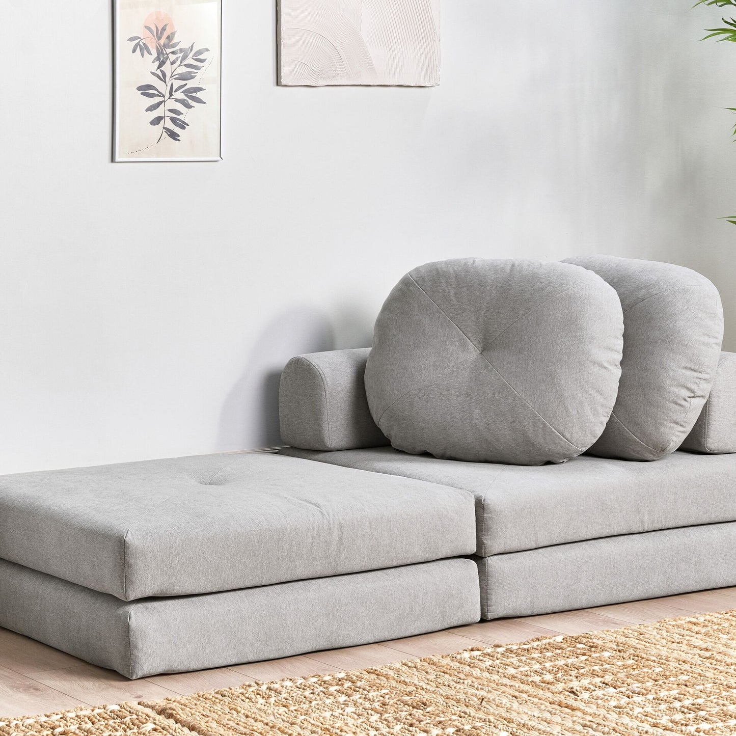 Sofa Pouffe Bed Light Grey Fabric Fold Out Single Sleeper