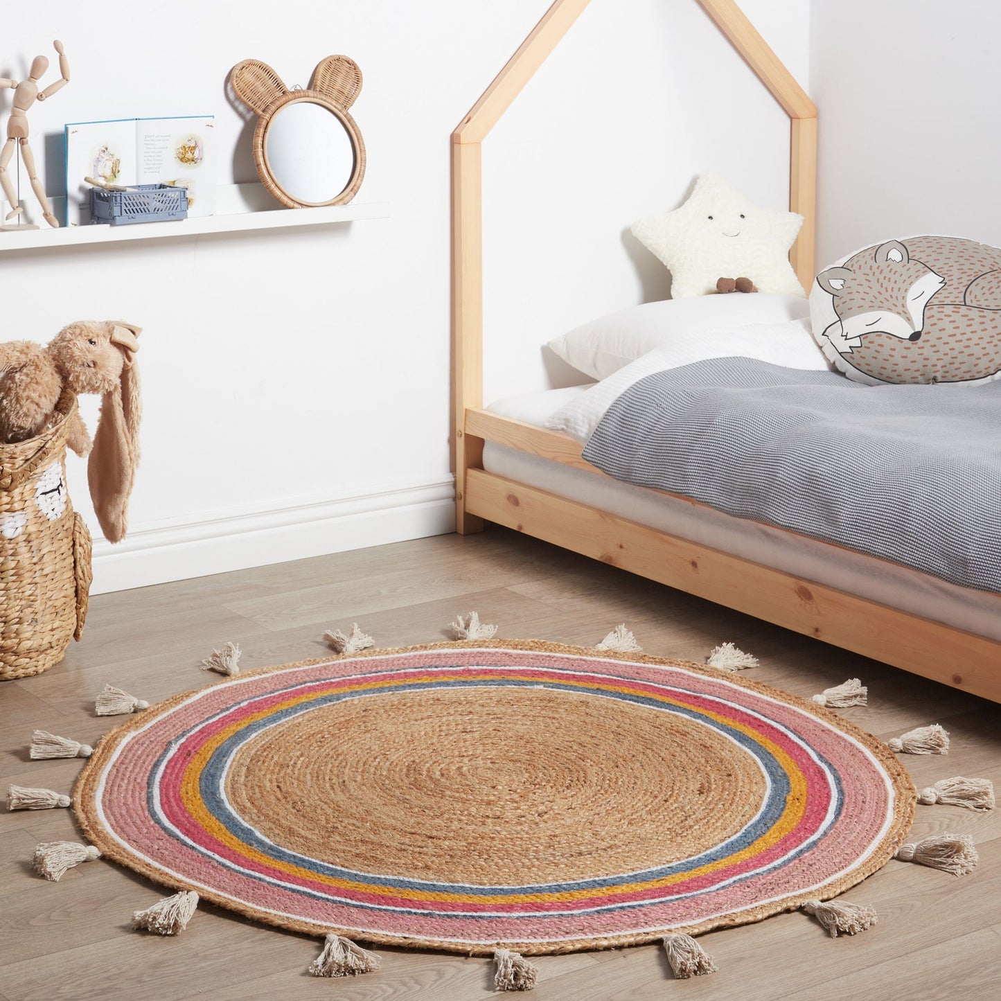 Multicolour Jute Round Rug 120cm Handwoven Tassels