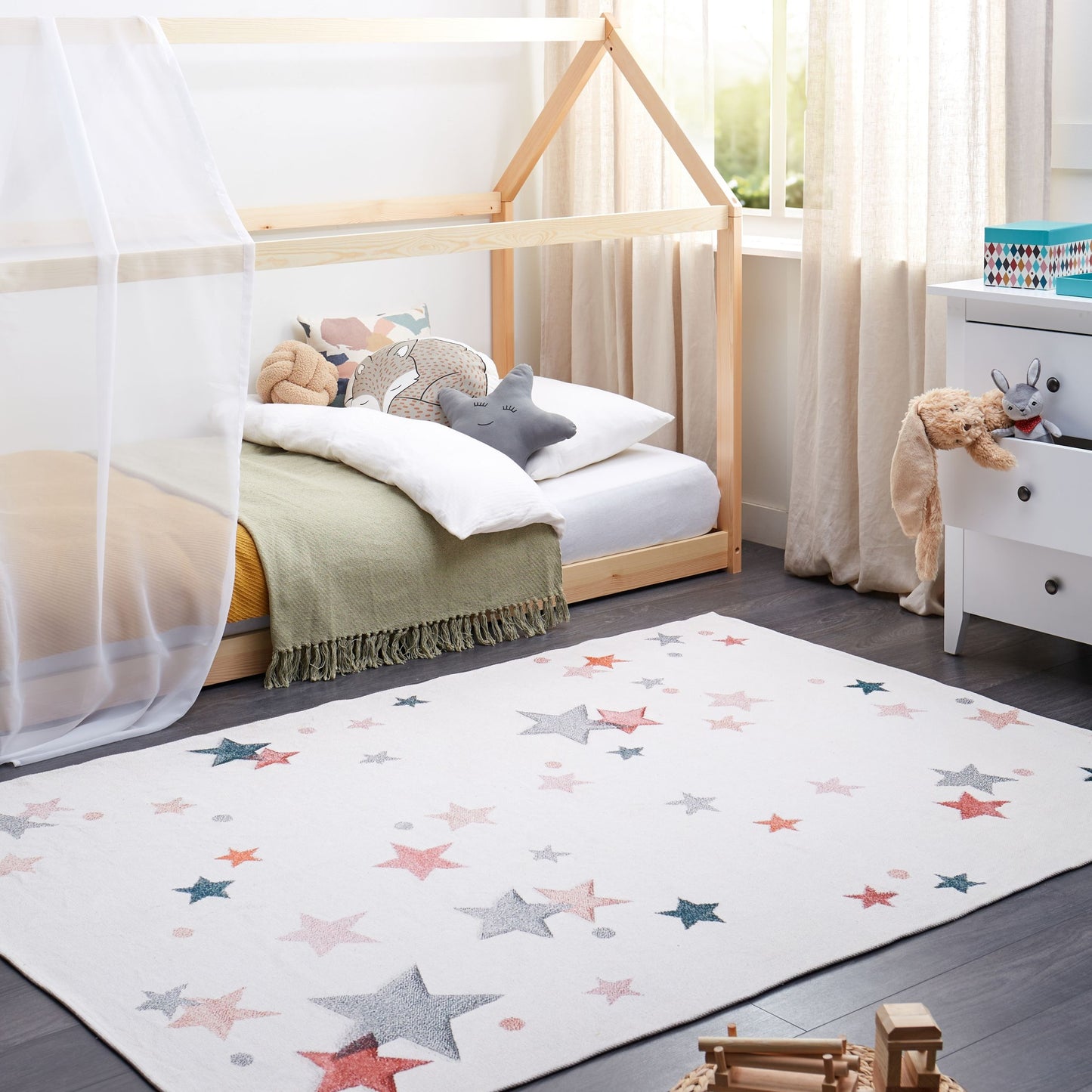 Area Rug Low Pile White Multicolor Cotton Stars 140 x 200cm