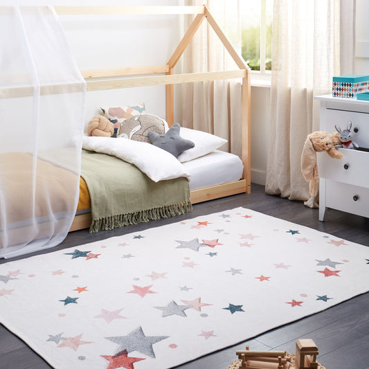 Area Rug Low Pile White Multicolor Cotton Stars 140 x 200cm