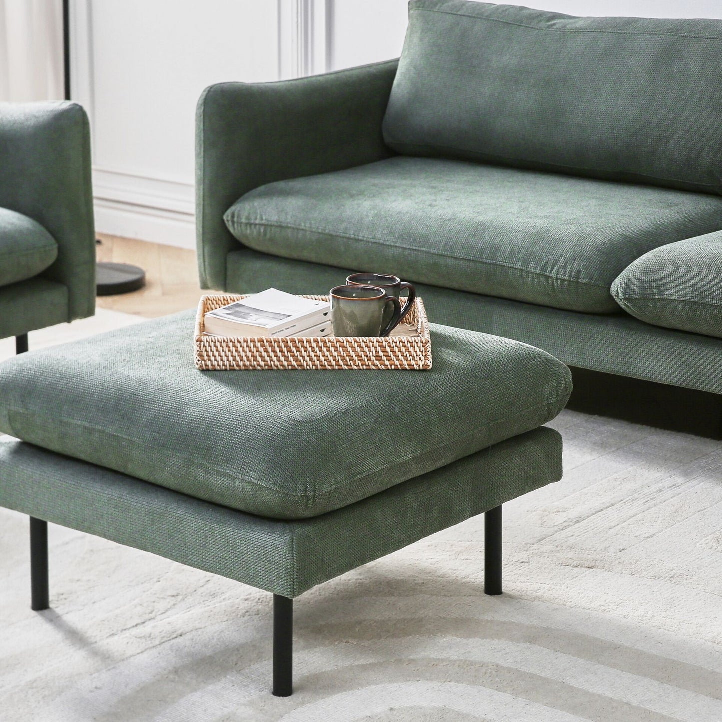 Ottoman Pillow Top Green Chenille Footstool With Metal Legs
