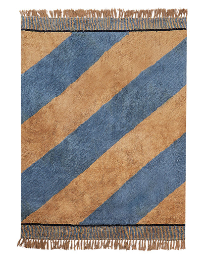 Cotton Area Rug 140 x 200 Blue Brown Striped Tassels