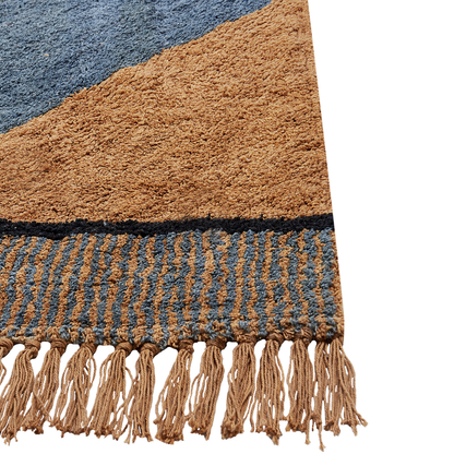 Cotton Area Rug 140 x 200 Blue Brown Striped Tassels