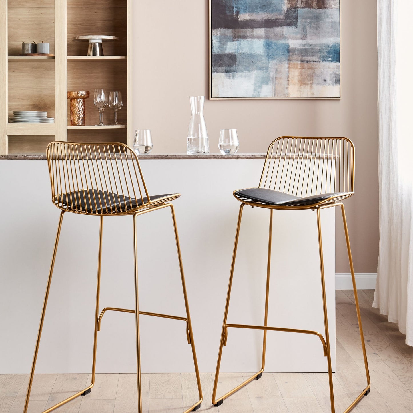 Bar Chairs Of 2 Gold Wire Design Faux Leather Black Seat