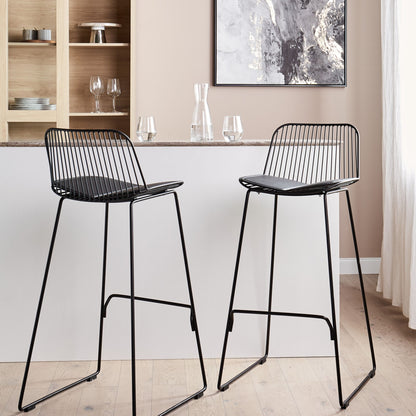 Aura Living Set of 2 Bar Chairs Black Wire Design Faux Leather Pads