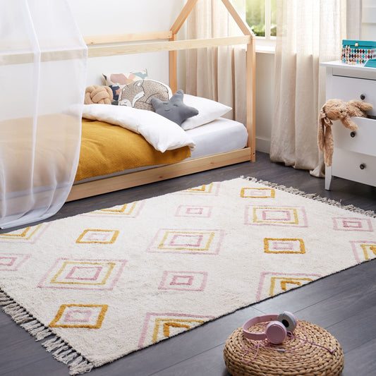Handmade Cotton Tufted Rug Off White 140 x 200cm Multicolor Geometric Pattern Rectangular