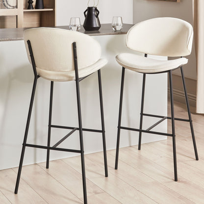 Set Of 2 Dining Bar Chairs Light Beige Fabric Black Metal Legs