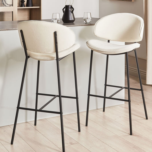 Set Of 2 Dining Bar Chairs Light Beige Fabric Black Metal Legs
