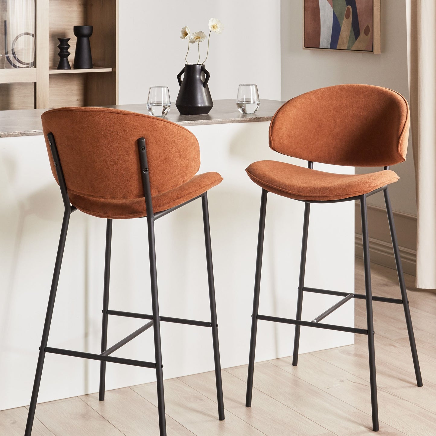 Set Of 2 Orange Fabric Dining Bar Chairs Black Metal Legs