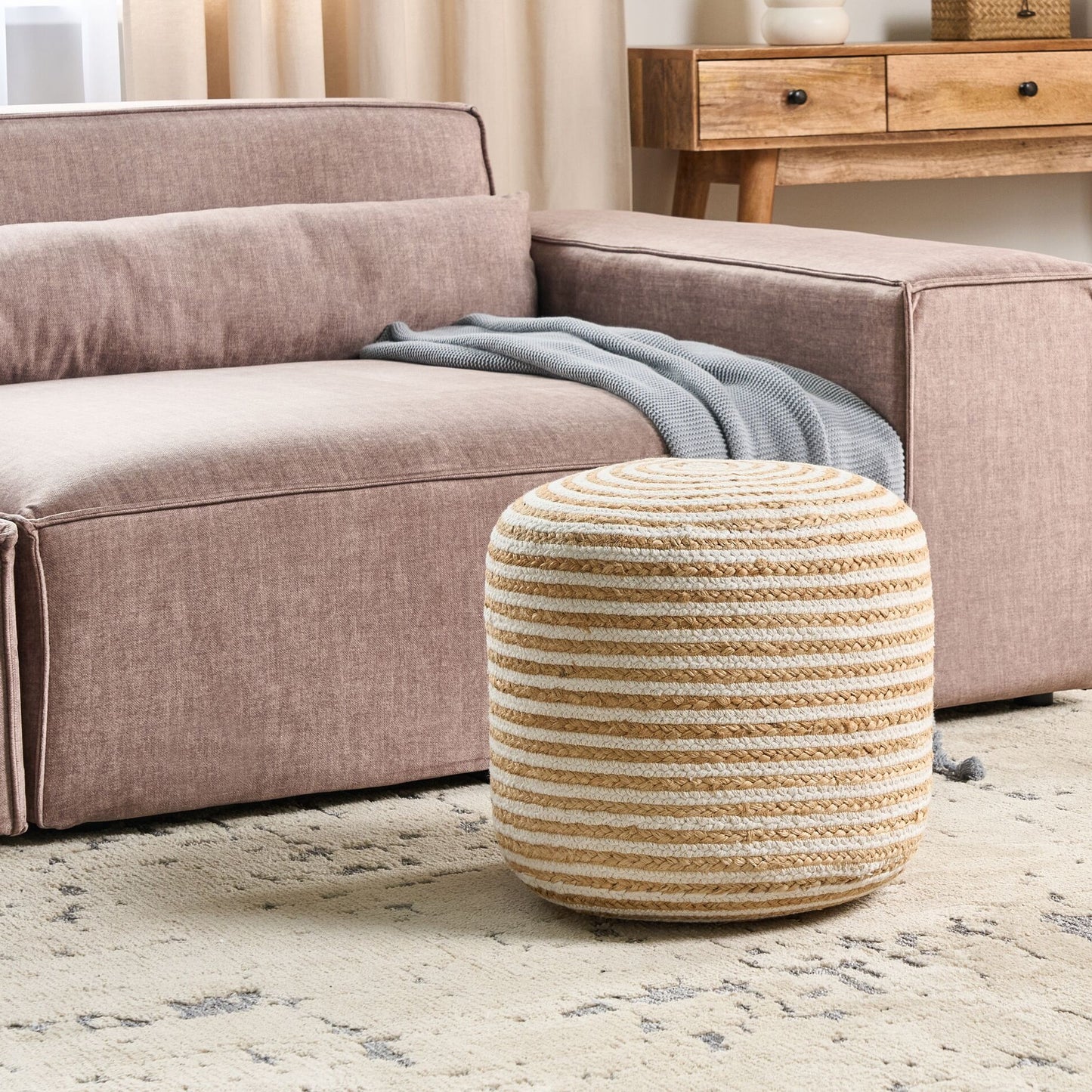 Pouffe Braided Beige Jute 40cm Round Boho Style