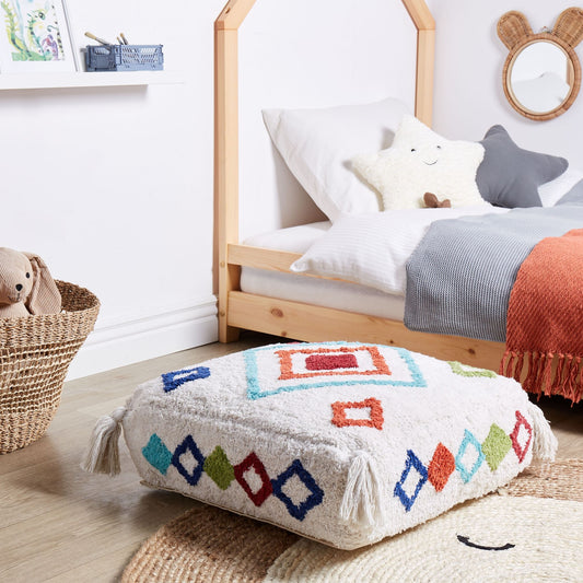 White Multicolour Cotton Floor Cushion 55 x 55cm Geometric Pouffe