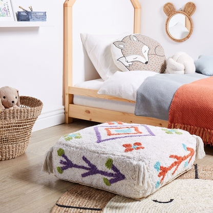 Cotton Floor Cushion White And Multicolour Geometric Pattern 55 x 55cm Square Pouffe