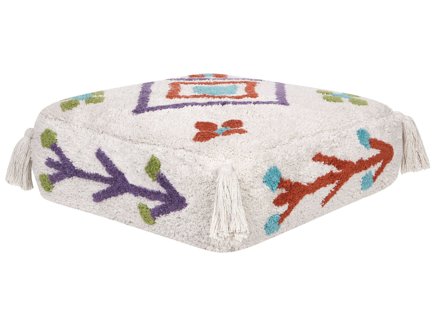 Cotton Floor Cushion White And Multicolour Geometric Pattern 55 x 55cm Square Pouffe
