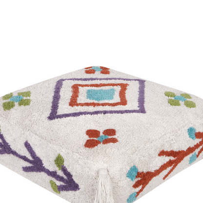 Cotton Floor Cushion White And Multicolour Geometric Pattern 55 x 55cm Square Pouffe