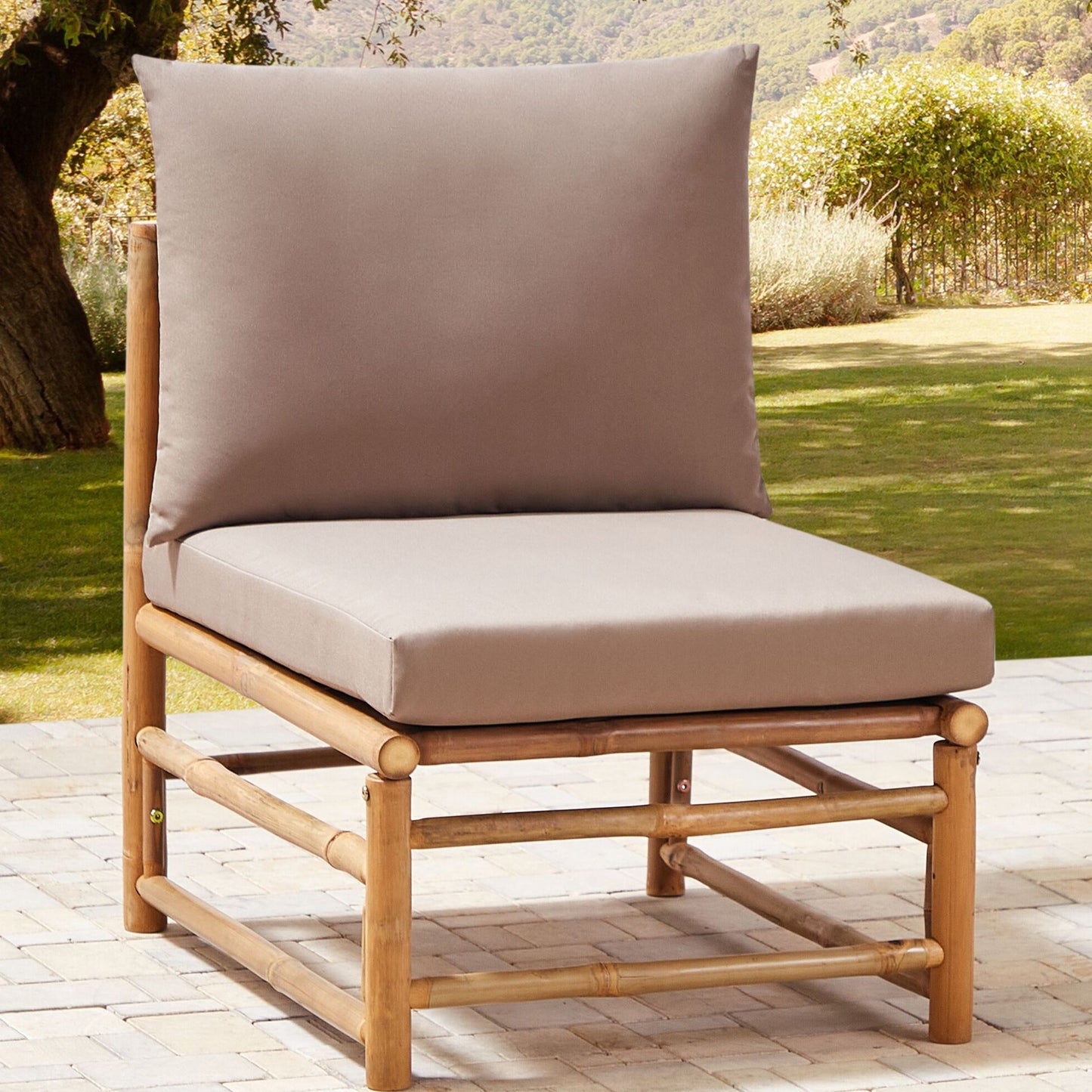 1 Seat Taupe Outdoor Modular Chair With Removable Cushions And Bamboo Polyester Fabric