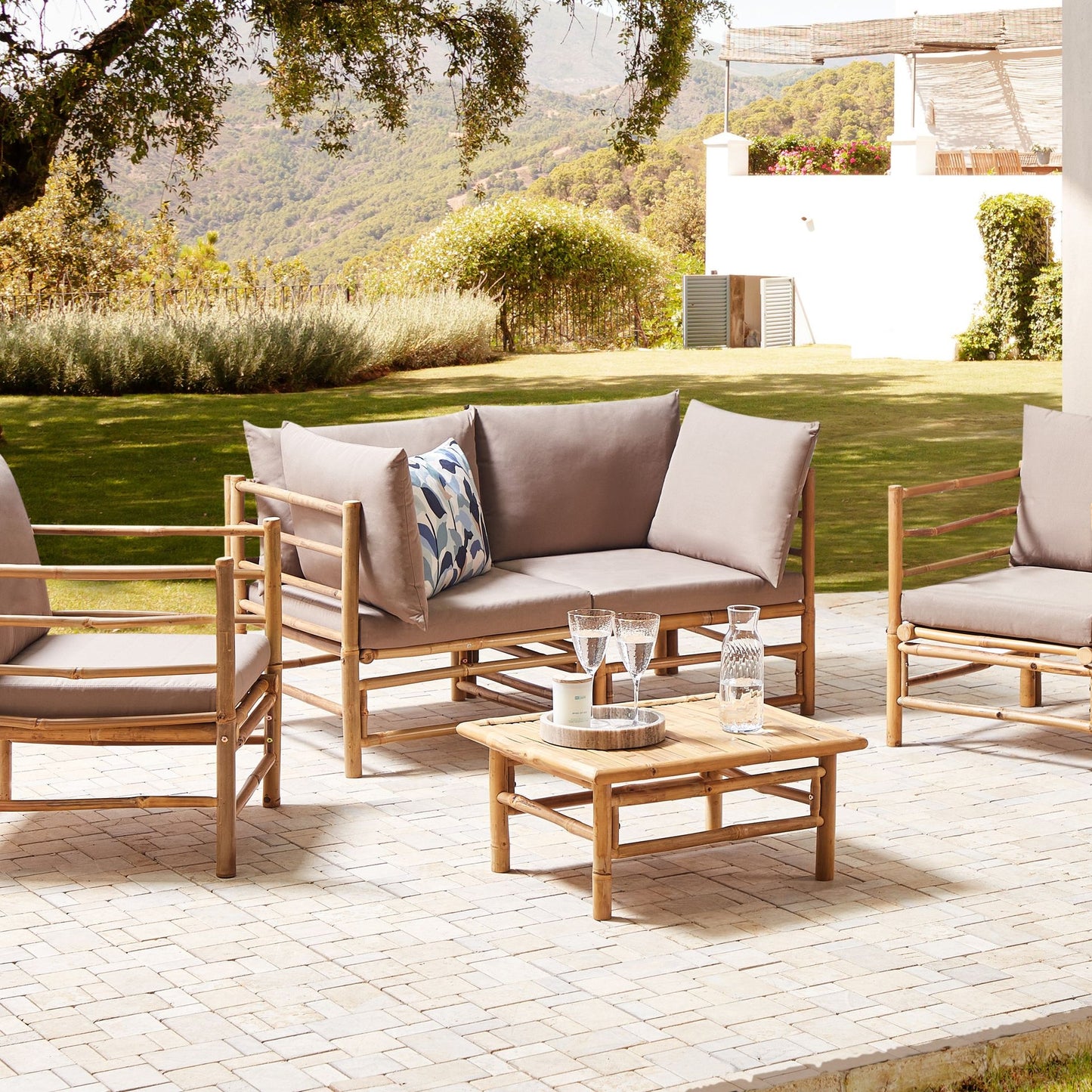 Garden Modular Boho Outdoor Sofa Set With Taupe Bamboo Cushions