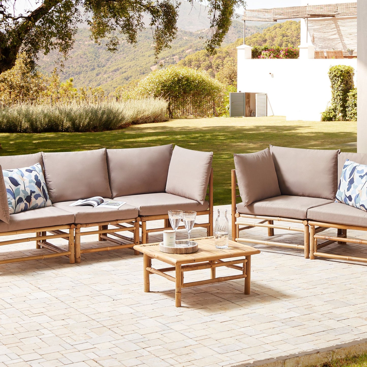Outdoor Modular Sofa Set 3 And 2 Seaters With Bamboo Coffee Table Taupe Cushions