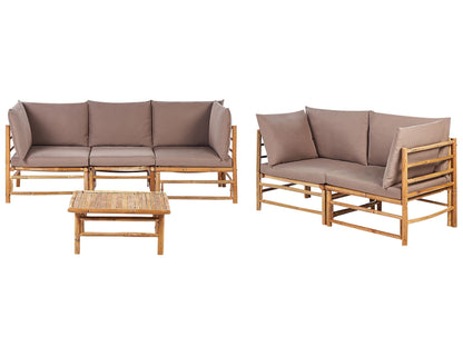 Outdoor Modular Sofa Set 3 And 2 Seaters With Bamboo Coffee Table Taupe Cushions