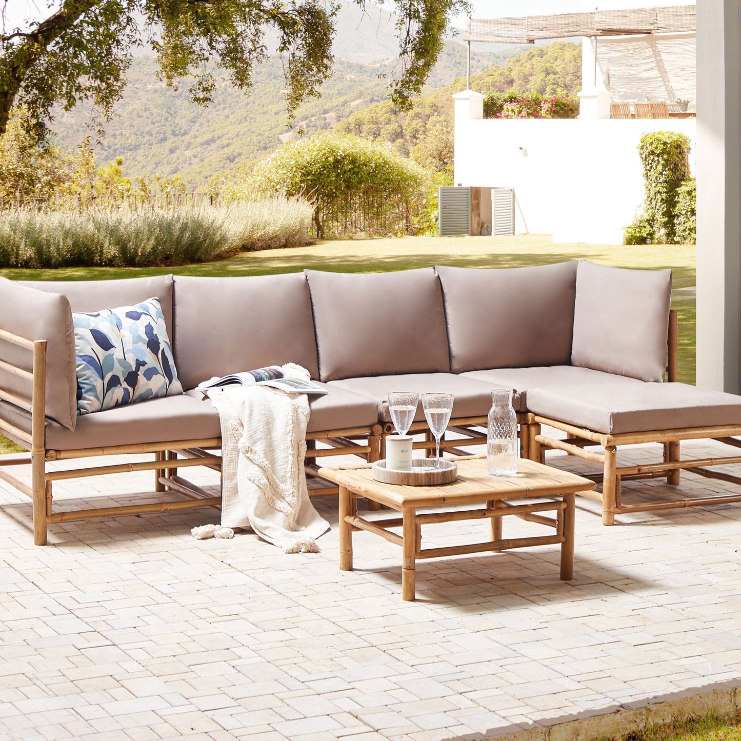 Garden Outdoor Boho Modular Corner Sofa Set Taupe Bamboo Cushions 5 Seater With Coffee Table