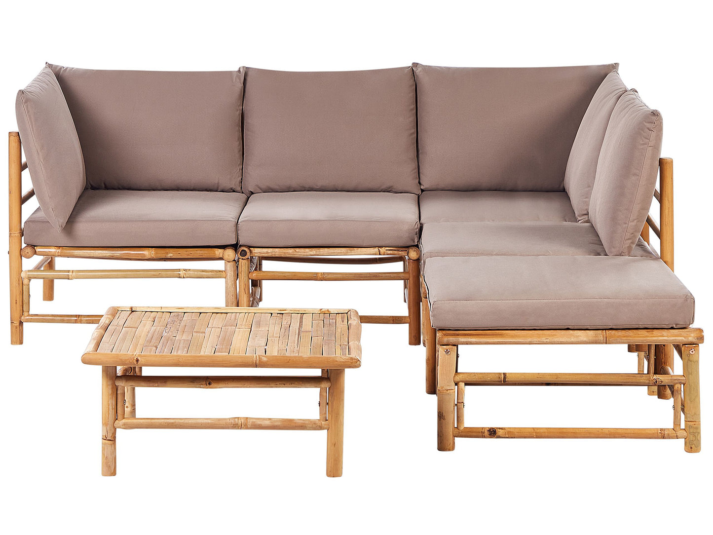 Garden Outdoor Boho Modular Corner Sofa Set Taupe Bamboo Cushions 5 Seater With Coffee Table