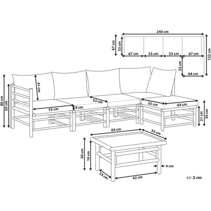 Garden Outdoor Boho Modular Corner Sofa Set Taupe Bamboo Cushions 5 Seater With Coffee Table