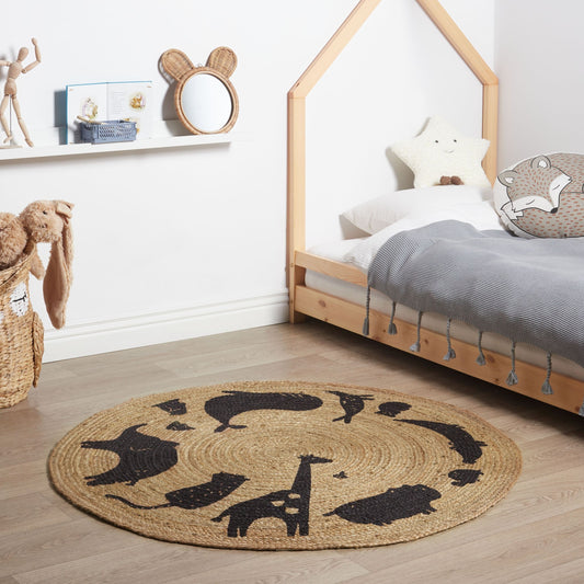 Beige Jute Round Rug 120cm Boho Animal Pattern