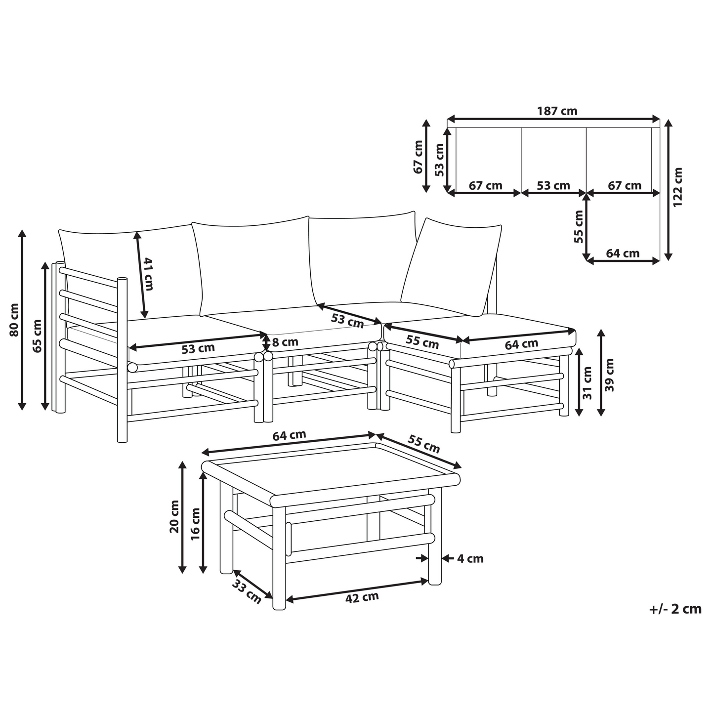 Garden Modular Corner Sofa Set Off White Bamboo Cushions 4 Seater With Coffee Table