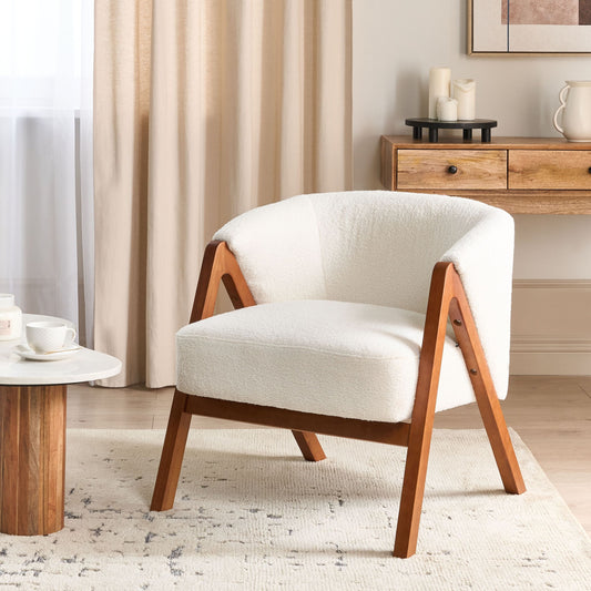 Armchair Off White Boucle Upholstered Wooden Legs