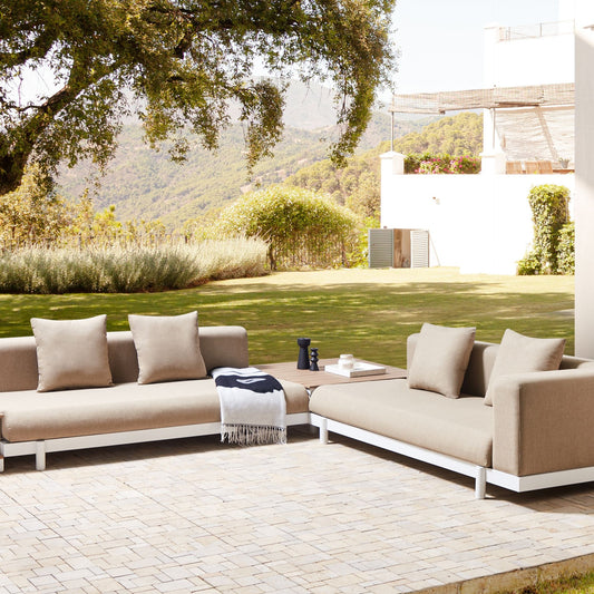 Outdoor 5 Seater Sofa Set With Coffee Tables Beige Polyester Cushions Modern Garden Furniture