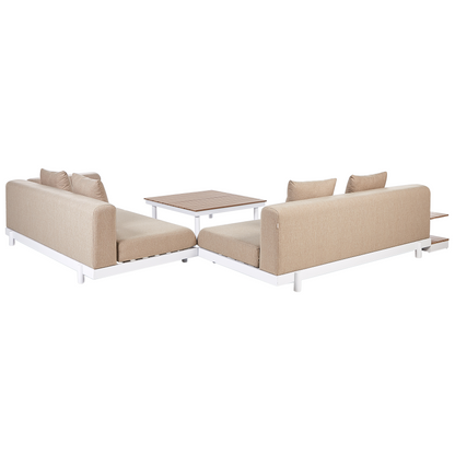 Outdoor 5 Seater Sofa Set With Coffee Tables Beige Polyester Cushions Modern Garden Furniture