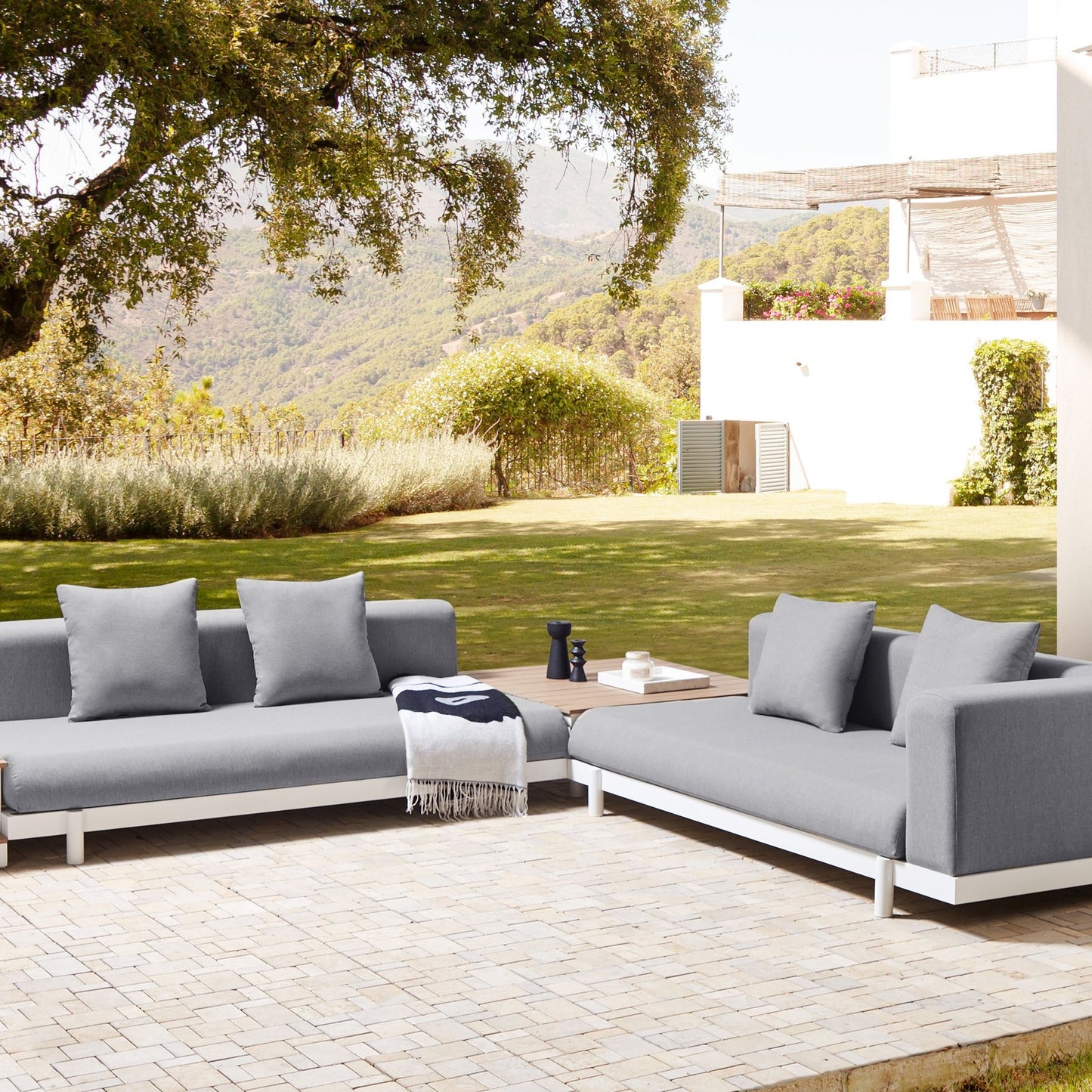 5 Seater Outdoor Sofa Set With Coffee Tables Grey Fabric