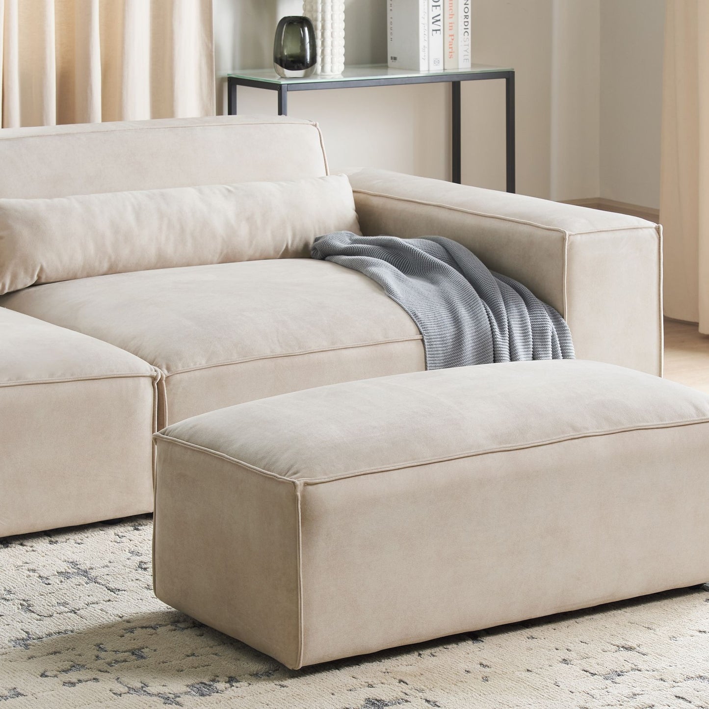 Beige Velvet Ottoman Footstool Minimalist Footrest