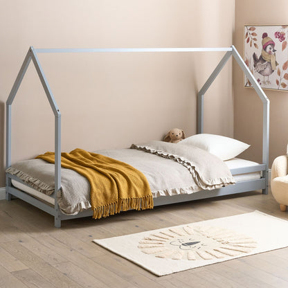 Kids House Bed Grey Pine EU Single 3ft Slatted Base Toddler Nursery