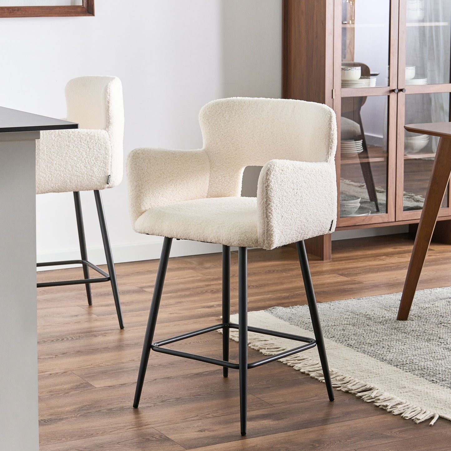 Off-White Boucle Bar Chairs 2 Cut-Out Backrest Armrests