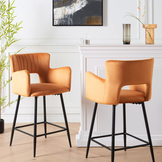 Velvet Bar Chair Set of 2 Orange with Armrests and Cutout Back Black Metal Legs