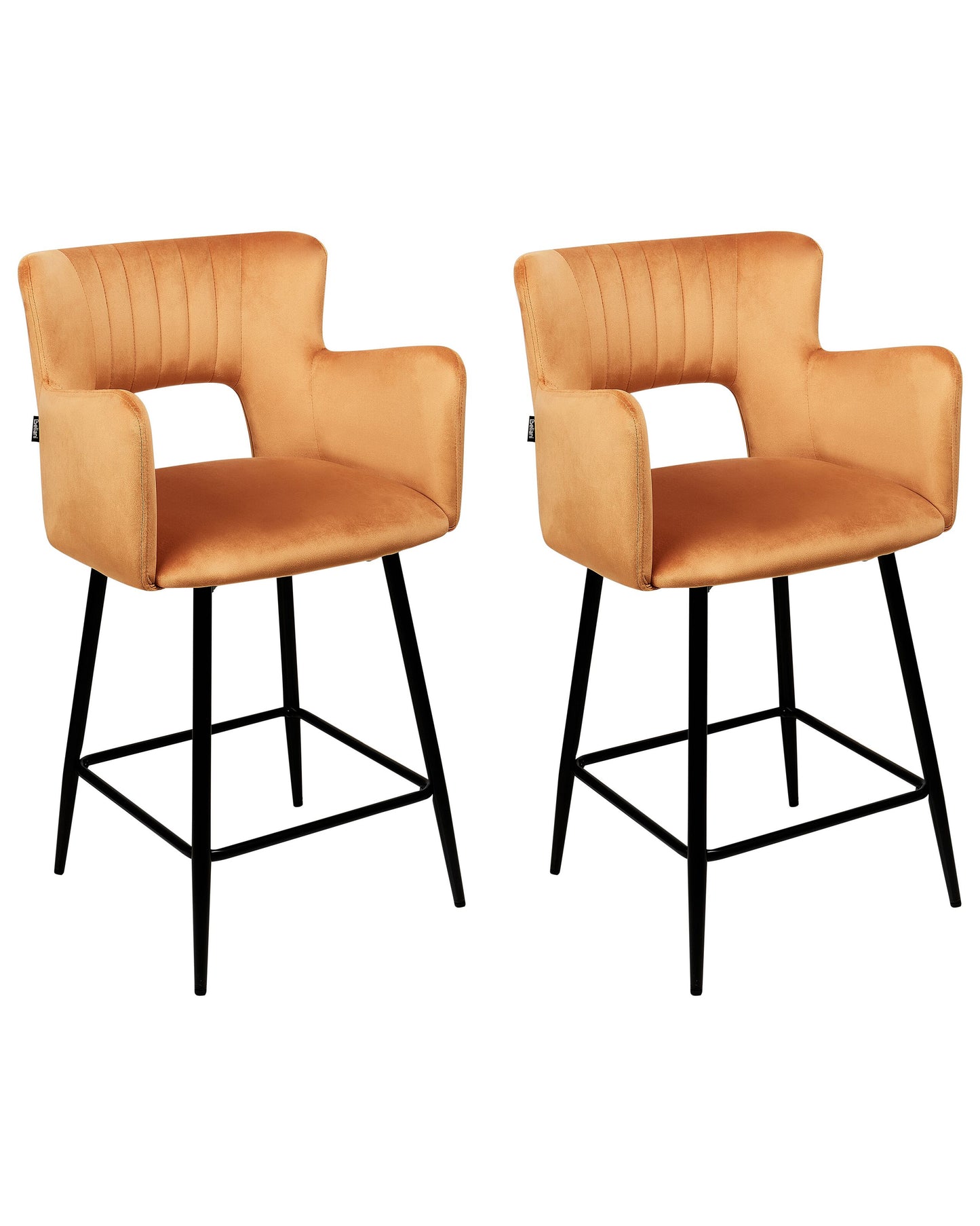 Velvet Bar Chair Set of 2 Orange with Armrests and Cutout Back Black Metal Legs