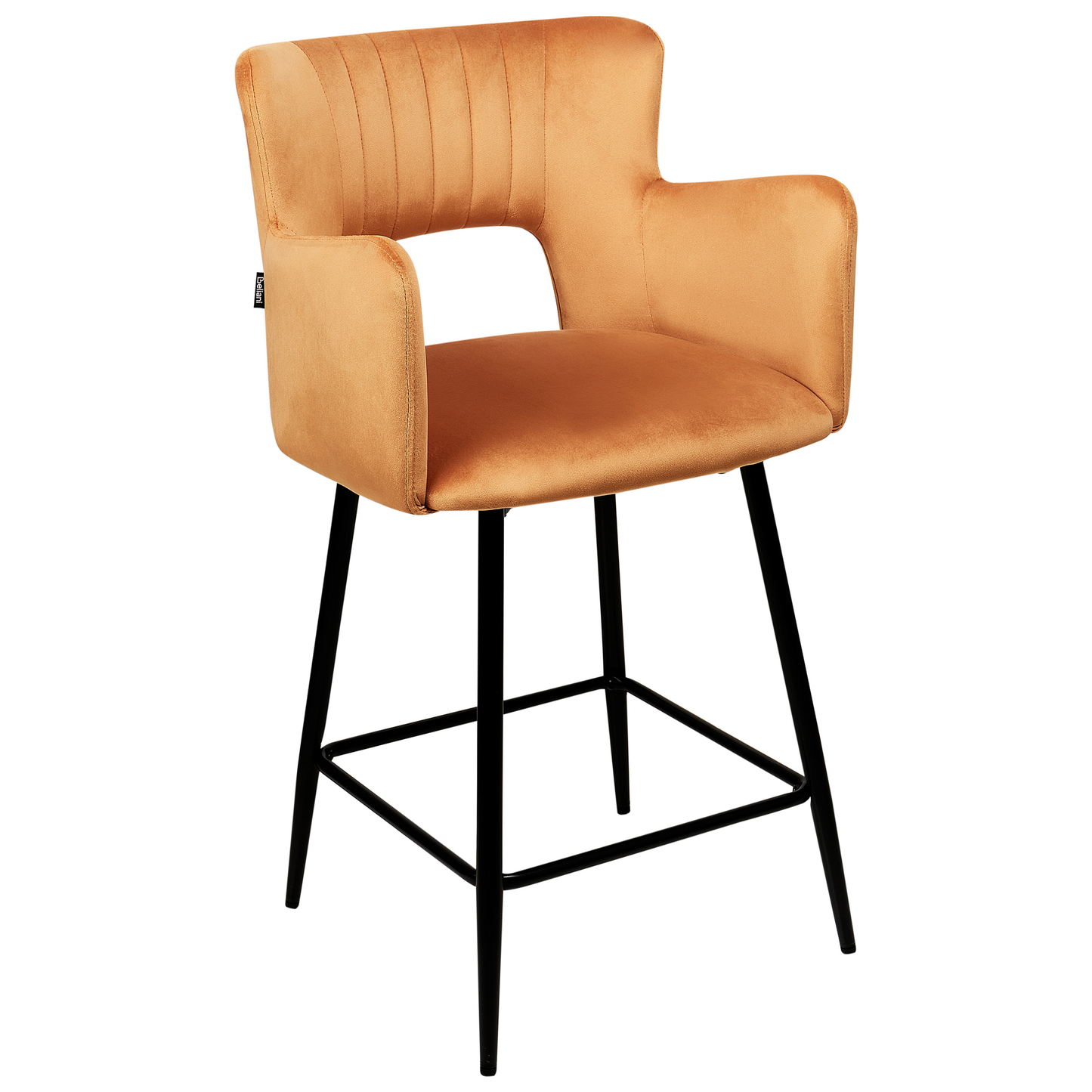 Velvet Bar Chair Set of 2 Orange with Armrests and Cutout Back Black Metal Legs