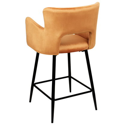 Velvet Bar Chair Set of 2 Orange with Armrests and Cutout Back Black Metal Legs