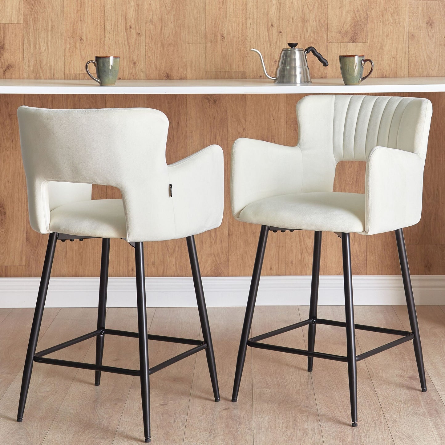 Velvet Bar Chairs Set Of 2 White Armrests Metal Legs