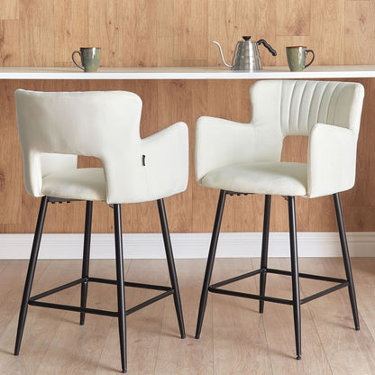 Velvet Bar Chairs Set Of 2 White Armrests Metal Legs