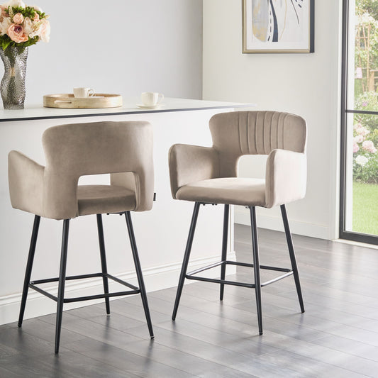 Set Of 2 Taupe Velvet Bar Chairs With Armrests And Cutout Backrest Black Metal Legs