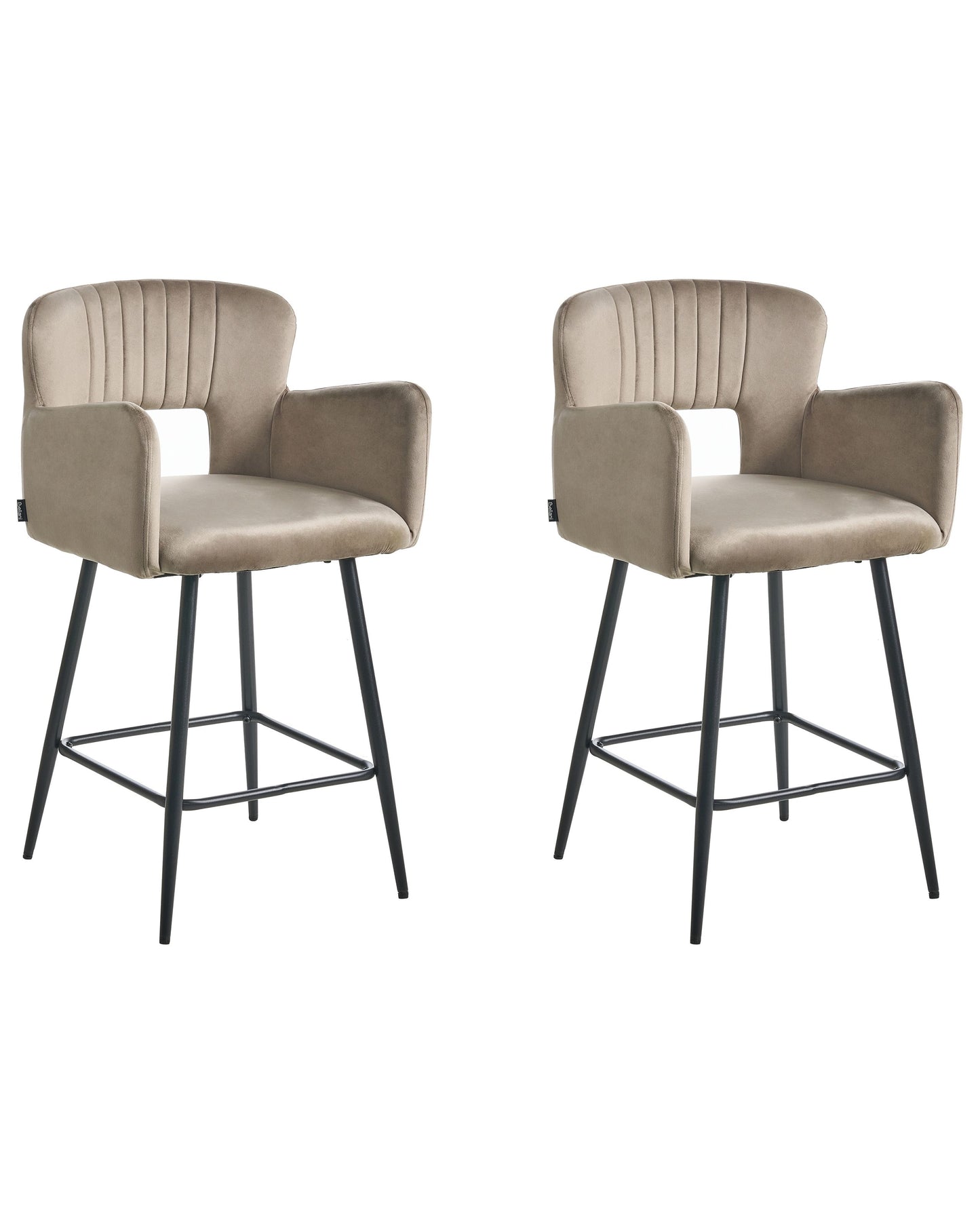 Set Of 2 Taupe Velvet Bar Chairs With Armrests And Cutout Backrest Black Metal Legs