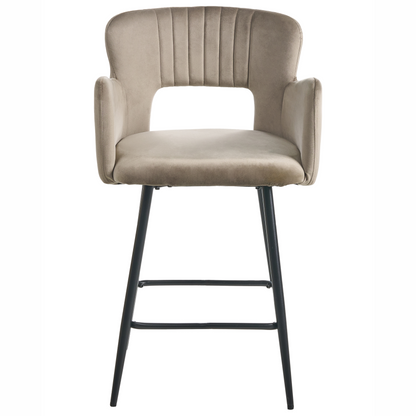 Set Of 2 Taupe Velvet Bar Chairs With Armrests And Cutout Backrest Black Metal Legs