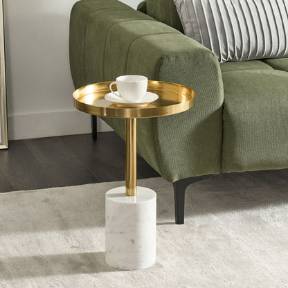 Round Side Table White Marble Base Gold Metal Top 36cm