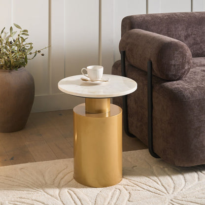 Home White Marble Round Side Table with Gold Metal Base, 40cm