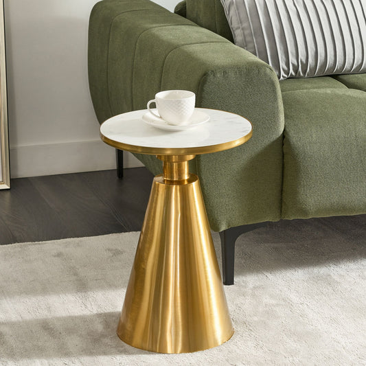 Side Table White Marble Top Gold Metal Base 35cm Round